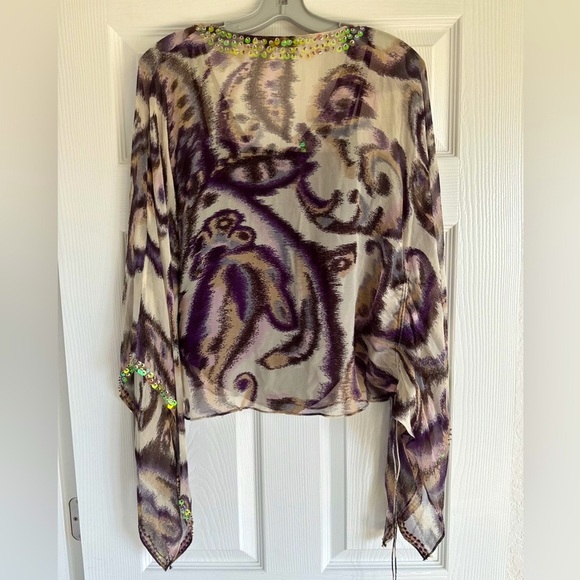 Y2K Silk Sheer Leopard Print w Wide sleeves and hand stitched beading- BOHO LUX - Picture 4 of 10